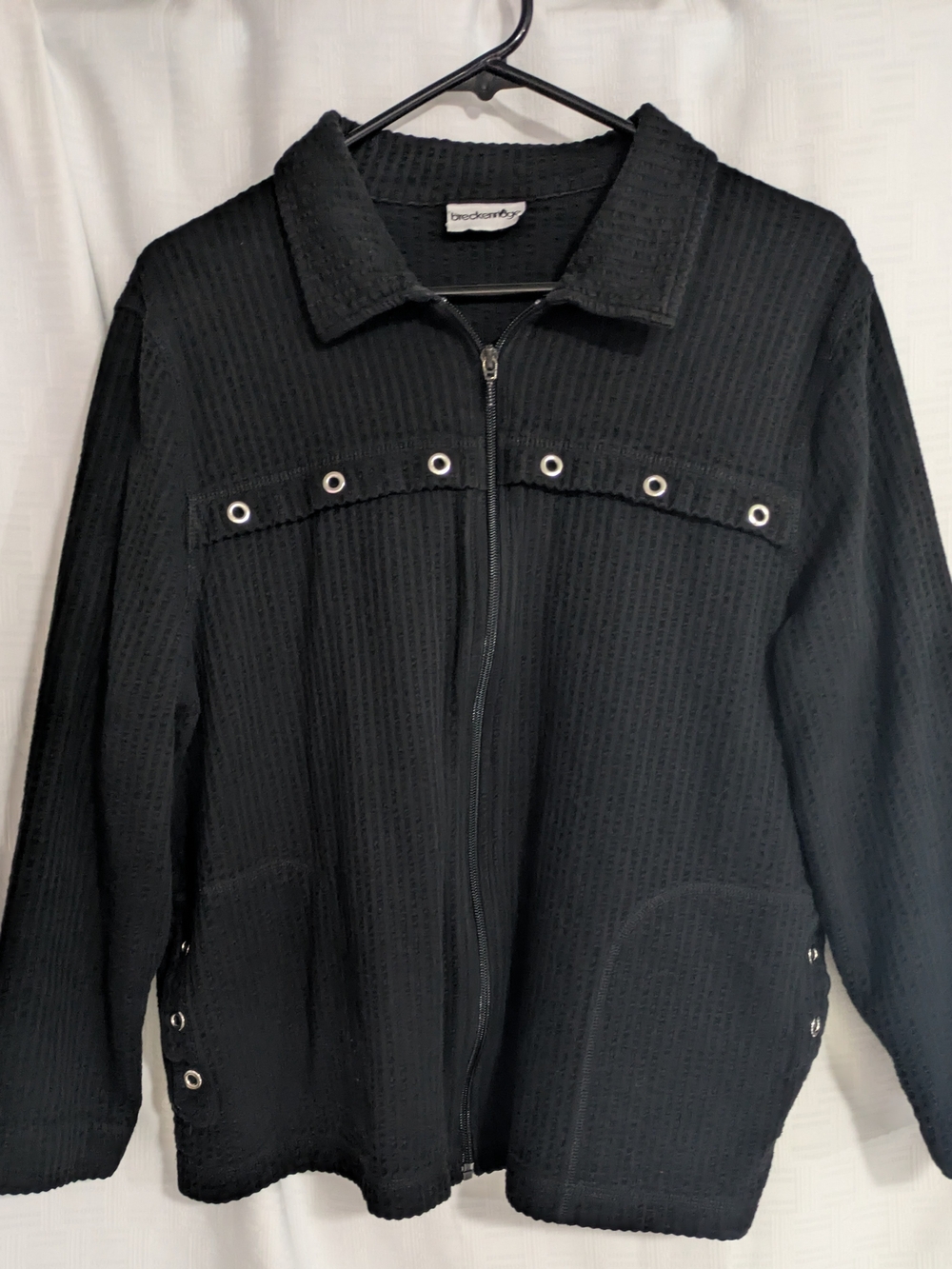 Breckenridge Black Waffle Knit Jacket Grommet Zip Front Thermal Sweater L/XL